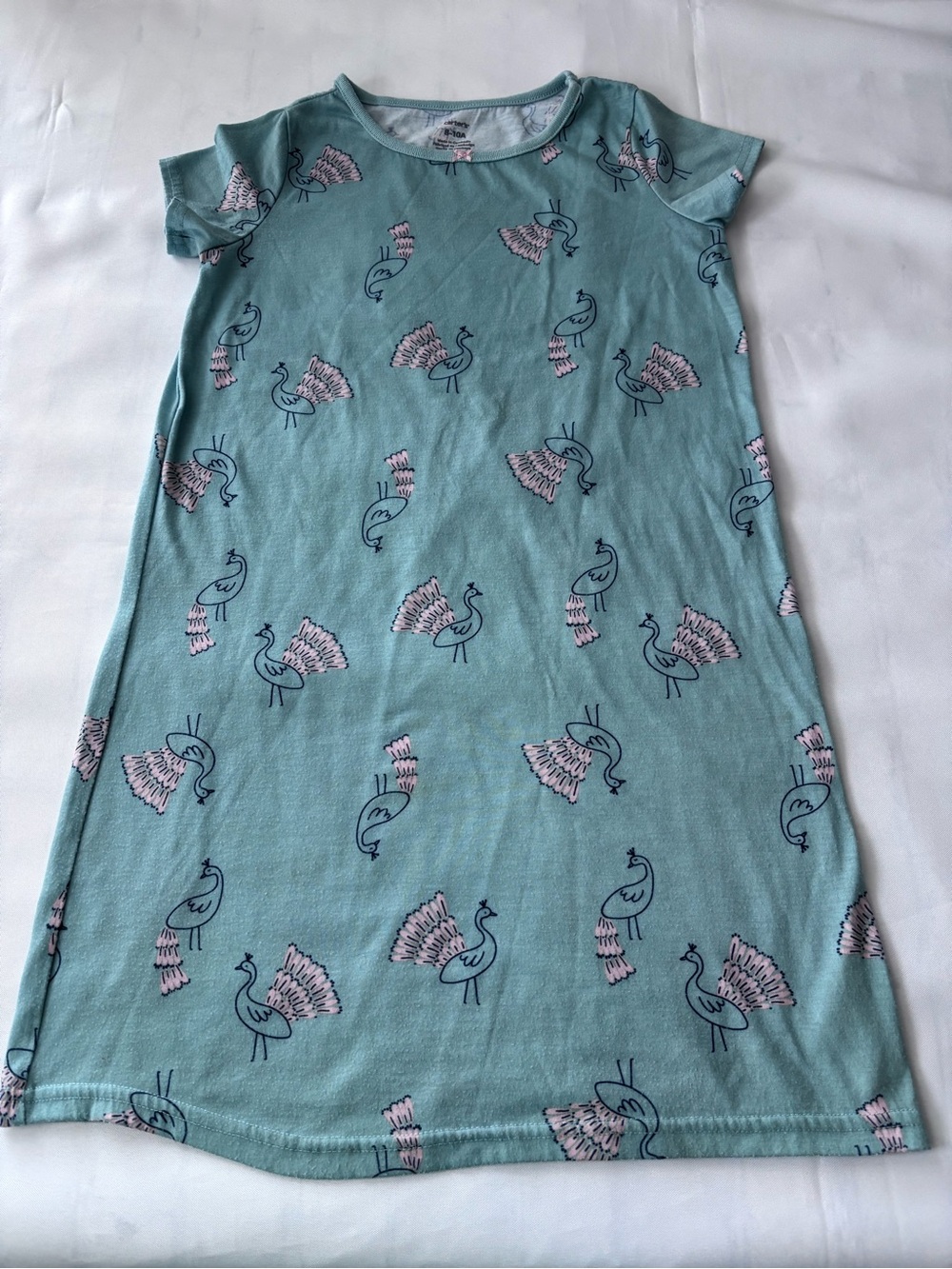 Carter Size 8-10 Girls Light Teal Peacock Print Nightgown